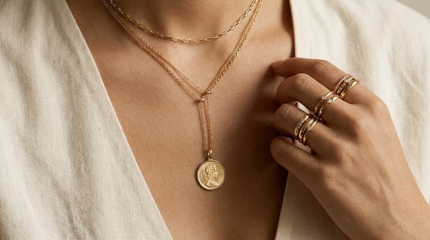 Collares y anillos en chapa de oro Lua Joyería